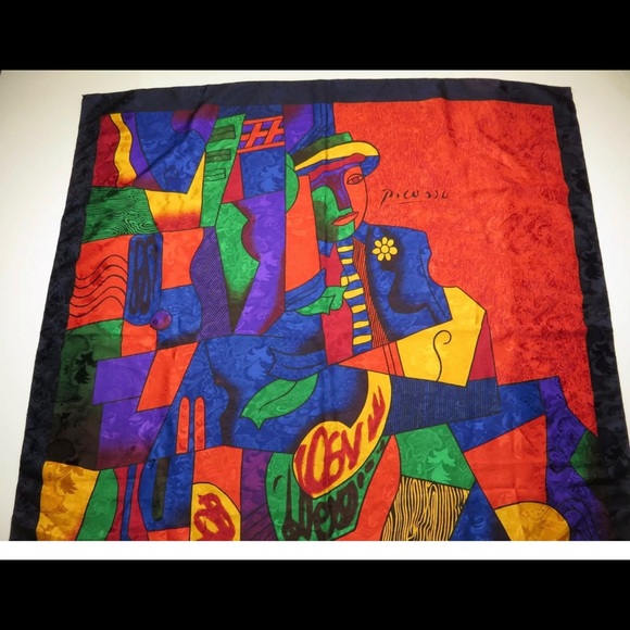 Vintage French Scarf after Pablo Picasso Cubist Portrait of  Vintage PABLO PICASSO Multi-Colored Silk Scarf